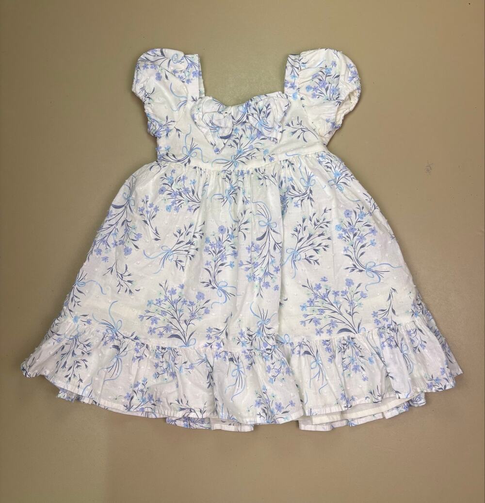 Shabby Chic Girls 3T Blue Floral Swiss Dot Puff Sleeve Bow Dress EUC